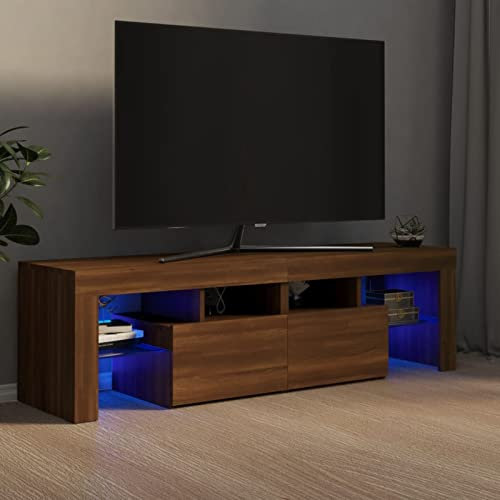 LAPOOH Meuble TV avec lumières LED Chêne Marron 140x36,5x40 cm,Meuble TV,Table Basse Salon Meuble TV,Table Basse LED Couleurs