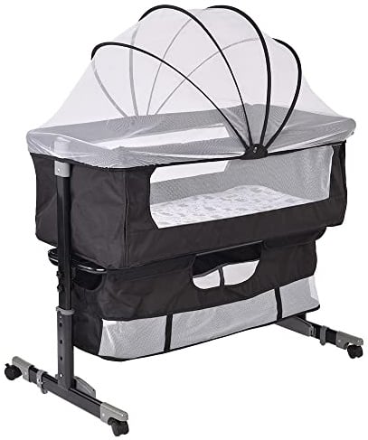 OHMG 3 in 1 Babybett,Beistellbett mit Aufbewahrungskorb,Wiege,Höhenverstellug und Einstellung der Neigung der Matratze,4 Räder mit Bremse Ergonomische Matratze,Verstellbarer,Tragbares
