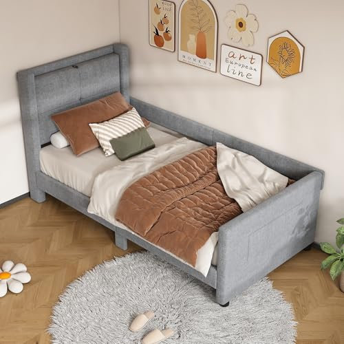Ctastay Polsterbett Einzelbett 90x200 cm mit USB, Bett Kinderbett Jugendbett mit USB-Anschluss, Flachbett Bettgestell mit Lattenrost, Leinen, Grau (Ohne Matratze)