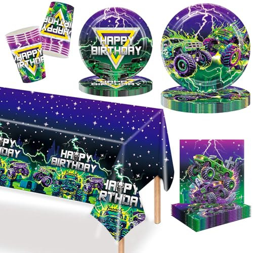 MORAINJAY Ensemble de Vaisselle de Fête Monstre au Volant 69 Pièces, Assiettes, Tasses, Serviettes, Décoration de Table pour Anniversaire Garçon, Fête d'Anniversaire Décoration