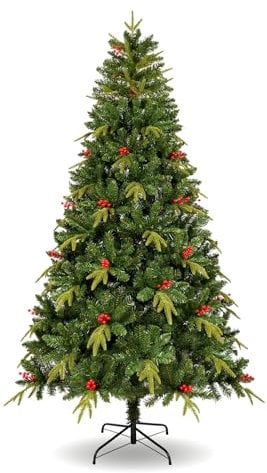 Uten Artificial 6ft Christmas Tree, with Realistic PE Leaves Indoor Home Xmas Tree Decoration, 950 Natural Looking PE & PVC Tips, 31 Groups Red Berries, Hinged Branches, Metal Stand, Reusable