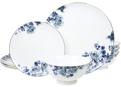 LE POTOCIO Juego de vajilla de porcelana fina para 4, juego de vajilla de porcelana azul y blanca de 12 piezas (azul)