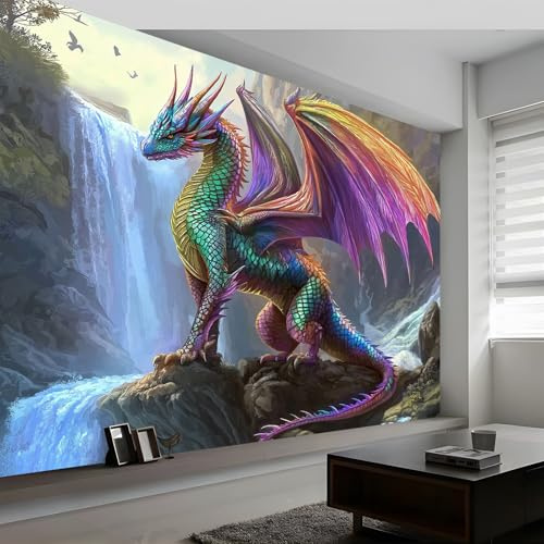 Fototapete 350 x 256 cm, Bunt Design Wandtapete, Vliestapete Bild Dekoration Wand-Dekor Fantasie Drache Motiv-Tapete Panorama Poster Tapete Wandbild