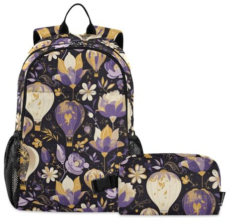 miaozhen Hot Balloon - Mochila con lonchera para niños, con bolsa de almuerzo, mochila escolar para niñas con lonchera de 7 a 10 años, Globo caliente morado y amarillo, 1 size, Mochilas Daypack