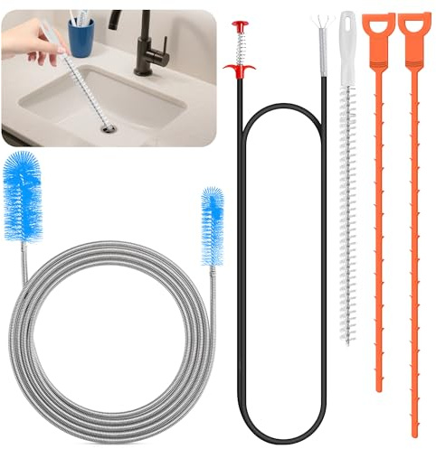 Prebarfun 5PCS Drain Unblocker Tool, Double Ended Nylon Pipe Cleaner Brush 61inch & Claw Grabber Tool 79inch, Reusable Sink Unblocker Brush for Bathroom, Toilet, Kitchen, Plug and Hole