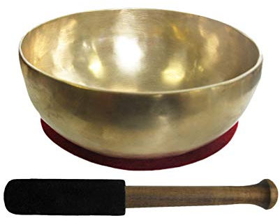 Therapeutische UNIVERSAL KLANGSCHALE ca. 500-600g 13-14cm Handarbeit Nepal 3-tlg Klangmassage Set Klangtherapie + Entspannung + Meditation mit Kissen + Klöppel. 70221-2