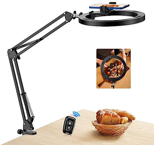 Evershop Ring Light 10 con Braccio Flessibile e Telecomando – Lampada da Scrivania per Riprese dall’Alto con Telefono, Video Cucina, Streaming, Trucco, TikTok, YouTube