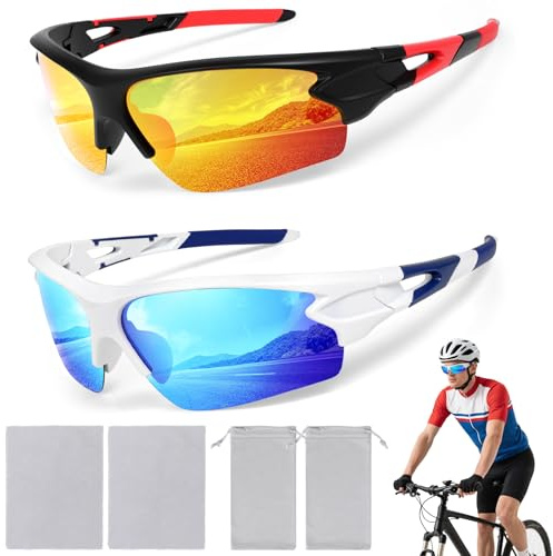 Hifot 2 Stück Fahrradbrille Herren Damen, Polarisierte Sport Sonnenbrille mit UV400-Schutz, Leichte Laufbrille Sportbrille Radsportbrillen, für Autofahren Radfahren Angeln Laufen Baseball Golf MTB