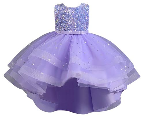 Generisch Tulle Nero Ragazza Fiore Contea Vestito Ragazza Elegante Pizzo Battesimo Abito Da Sposa Abiti Da Festa Fronte, Viola chiaro, 8-9 Anni