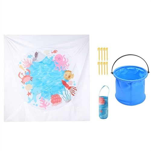 Strandpool, 2 x 2 m, tragbare Pool-Strandmatte, 2-in-1, Kinder-Pool und Stranddecke, 78 x 78 cm, tragbar, Cartoon-Ozean-Thema, Kleinkind, Strandpfütze, für Sommer, Urlaub, Picknick