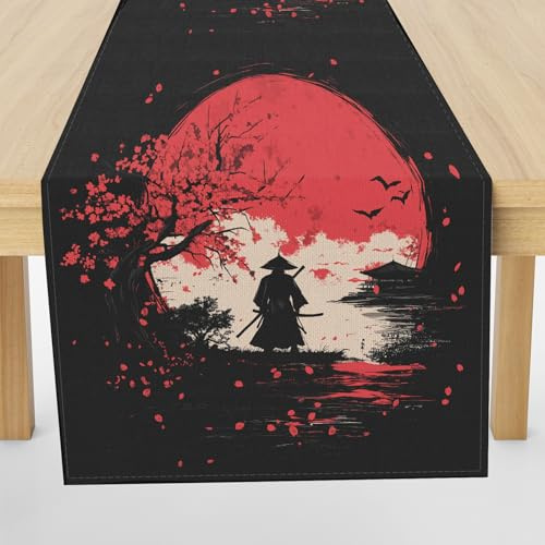 Meugesoi Kirschblüten Samurai Tischläufer Abwaschbar Tischtuch 40x180 cm Japanische Stil Tischdecke Leinen Runner für Küche Table Couchtisch Drinnen Urlaub Party Geburtstag Hochzeit Dekor