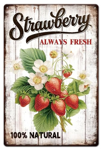 GLOBLELAND Erdbeer Metall Blechschild 8x12 Zoll „Erdbeere Immer Frisch“ Vintage Malerei Blechschilder Obst Wandposter Plakette Für Die Wanddekoration In Der Küche Esszimmer Zuhause Frühstückstisch