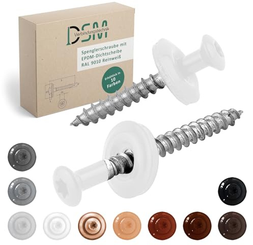 DSM | Vis Spengler blanc pur 4,5 x 35 mm | Acier inoxydable A2 – Laqué RAL 9010 | Avec rondelle d'étanchéité EPDM (15 mm) | Entraînement TX | Conforme à la norme DIN 7995 / DIN 9171 | Vis à tôle