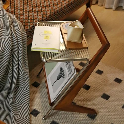 XCSCUK Beistelltisch, mit Glasplatte, Sofa-Beistelltische, mit Zeitungsständer, moderner Kleiner Kaffee-Snack-Tisch, für das Wohnzimmer (Walnut)