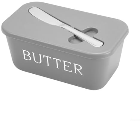 Butter Dish with Spatula Groove & Stainless Steel Multipurpose Butter Knife, Airtight Butter Keeper for Counter Or Fridge, Cheese Container Server Holder Box, Dishwasher Safe (Gray )