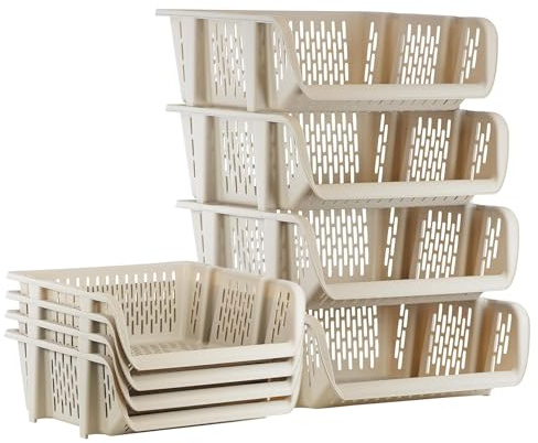 GEEZY Stackable Storage Baskets Set of 4 - Modular Interlocking Design, Multipurpose Plastic Storage & Organization, Open Front Vegetable Rack for Kitchen, Home, Bathroom, Bedroom, Fruits, Snacks