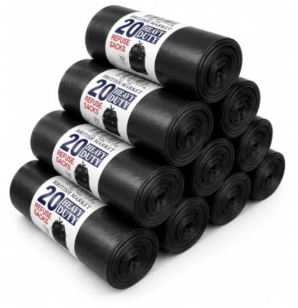 JeeJaan® 200 Black Bin Bags - 70L Large Bin Bags Heavy Duty - Rubbish Bags Wastage Liners Trash Bags for Kitchen Office Diy Refuse Sacks Garden Bags 10 Rolls of 20s Bags, Rolls - (15 x 29 x 33)