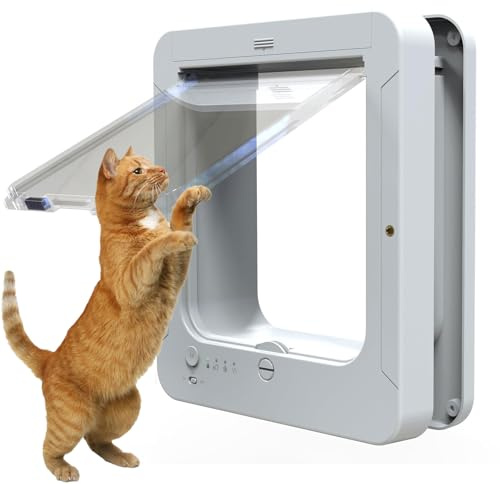 Chatière Sureflap À Puce Électronique, Chatière À Puce pour Chat, Chatière À Puce avec 4 Modes D'entrée Et de Sortie, 2 Colliers avec Capteurs Et 1 Télécommande, pour Chat Et Chiot White