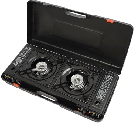 Hornillo portátil de gas con 2 quemadores de 2500 W, hornillo de gas para camping con bandeja antiadherente para hornear, botellas de gas, set para exterior, pesca, trekking