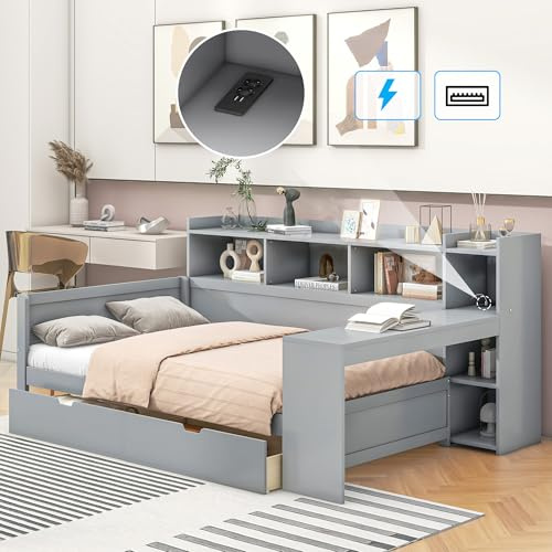 okwish Kinderbett Jugendbett 90x200 cm Stauraumbett mit Schubladen und Regal Funktionsbett mit Schreibtisch und Ladestation (2xUSB 2xSteckdose) Bettgestell mit Lattenrost Kiefernholz Grau