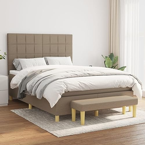 QJBSAVVA Boxspringbett 140x200 cm Taupe mit Matratze, Bettbank, höhenverstellbarem Kopfteil, Taschenfederkern, mittelhart, für Jugend- & Gästezimmer