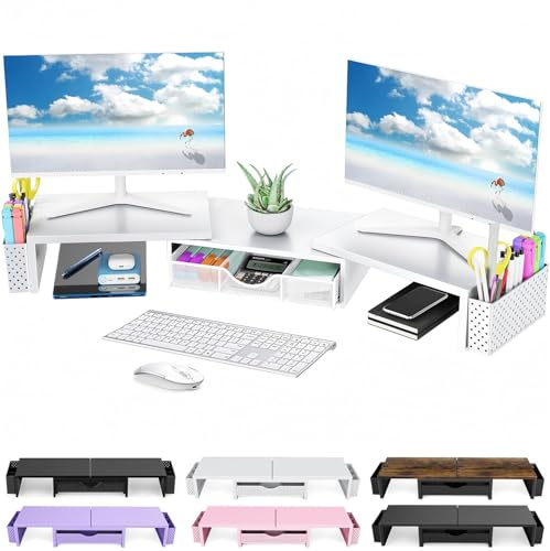 Pygocereri Dual Monitor Stand Riser, Metal Monitor Desk Accessories with Drawer and 2 Pen Holder, Adjustable Length and Angle - Computer Monitor Stand for Screen, Computer, Printer (Pure white)