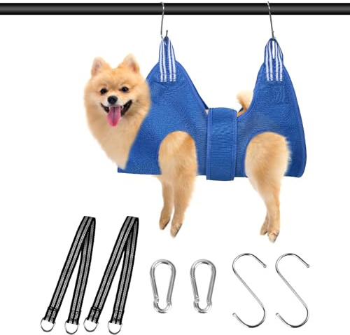 Dog Grooming Hammock Kit Breathable Mesh Pet Grooming Harness for Dogs | Grooming Hammock with Adjustable Straps, S-Hooks & Carabiners, Pet Cats Restraint Hammock for Nail Trimming Bathing (Blue, S)