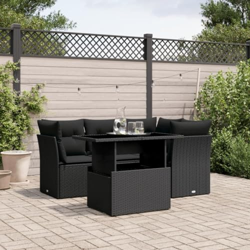 Kaloriko 5-TLG. Garten-Sofagarnitur Schwarz, Poly Rattan Lounge Set mit verstellbarem Tisch, UV-beständig, für Terrasse, Balkon