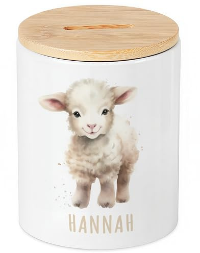 Schaf Spardose für Kinder personalisiert mit Namen Sparschwein aus Keramik mit Bambusdeckel Geschenk für Mädchen & Jungen