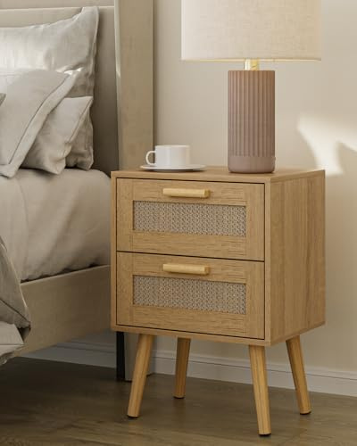Apetaccat Nachttisch Rattan, Nachttisch Holz, Boho Nachtschrank mit 2 Schubladen, Nachttische für Schlafzimmer, Wohnzimmer, 39x30x65cm, Eiche