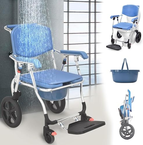 Klappbar Badezimmerrollstühle Duschstuhl Mit Rollen Klappbar Wc Stuhl Mit Herausnehmbarer Eimertoilettenstuhl Mit Rollen Für Senioren 150kg Fahrbarer Toilettenstühle (Geeignet für Türbreiten > 63 cm)