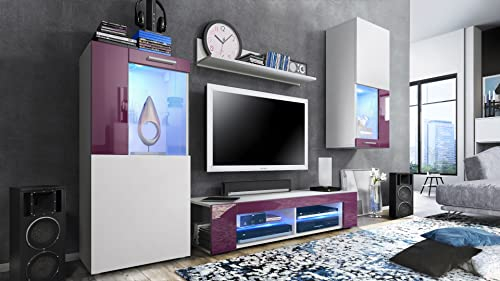 Vladon Wohnwand Movie, Anbauwand bestehend aus 1 TV-Board, 2 Vitrinen und 1 Regal, Weiß matt/Weiß matt/Brombeer Hochglanz, inkl. LED-Beleuchtung blau (Gesamt: 300 x 190 x 39 cm)