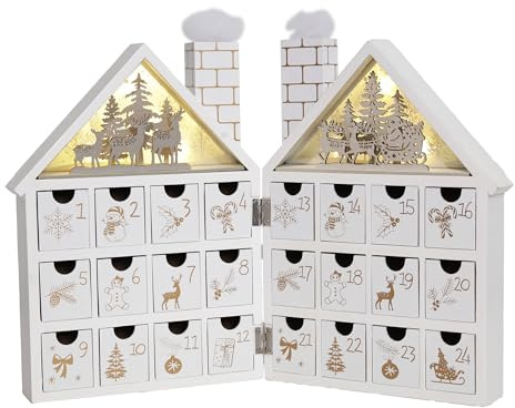 PIONEER-EFFORT Holz Weihnachten Adventskalender Haus mit 24 Schubladen und LED-Lichtern Countdown Kalender für Weihnachtsdekoration 2023, Candy Box (Weißwald)
