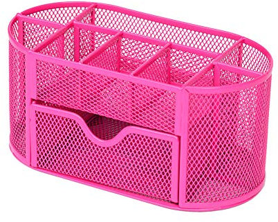 Mesh Desk Office Organizer,Multifunction Pen Holder with Drawer Stationery Storage Desktop Red