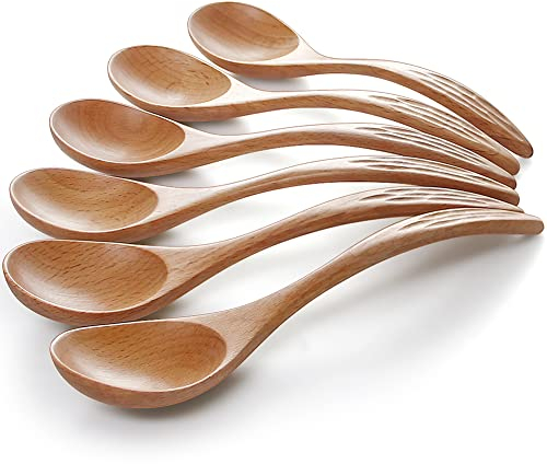 YFWOOD Cuillères à Bois,Cuillères à soupe Lot de 6 Cuillères de Style Japonais Naturel Appareil de Cuisine Café Thé Miel Cuisine Service Cuillère pour la Maison, Cuisine, Fêtes, Restaurants