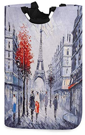 Ölgemälde Eiffelturm Wäschekorb Street View Of Paris Faltbarer Wäschesammler Faltbarer Kleidersack Aufbewahrungsbehälter Spielzeugbuch Kleidung Halter mit Griff für Zuhause Badezimmer