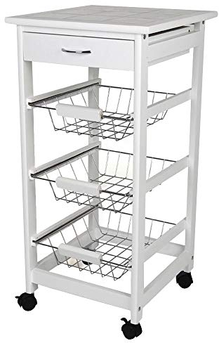BAKAJI Carrello da Cucina Salvaspazio in Legno MDF Bianco con 3 Cestelli Portafrutta in Acciaio Cassetto Portaposate Piano d'Appoggio Piastrellato e 4 Ruote Girevoli 360 Gradi 37 x 82 cm