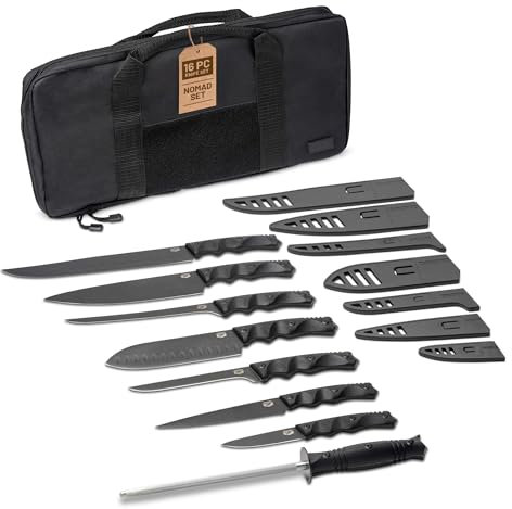 Juego de cuchillos de chef tácticos de alta calidad, G10, acero inoxidable de alto carbono, espiga completa, fundas y estuche de viaje para cocina y camping, color negro