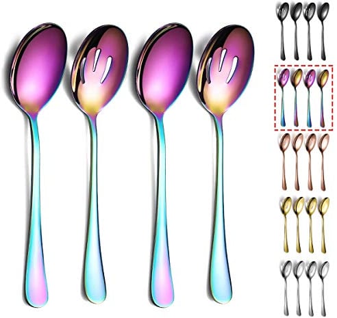 Cucchiai da portata arcobaleno 4 pezzi,Kyraton cucchiaio da portata placcato in itanium, include 2 cucchiai da portata e 2 cucchiai scanalati, utensili da portata in acciaio inossidabile