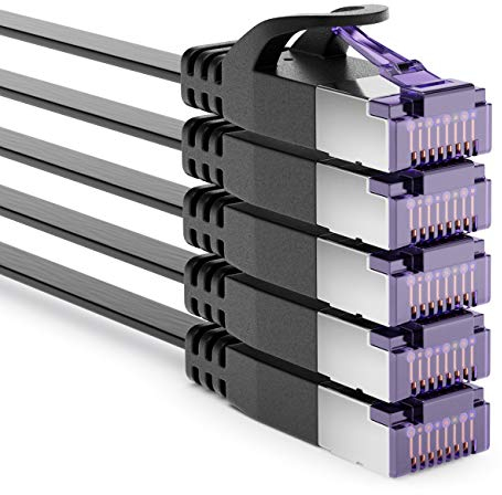 deleyCON 5x 1m Flaches CAT7 Netzwerkkabel (CAT 7 mit 10 Gbit/s) Gigabit LAN - RJ45 Ethernet Kurzes Patchkabel Flach - für Internet Switch Router Modem Patchpanel - Schwarz