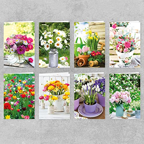 Skorpion PremiumLine Grußkarten Frühling Set mit 8 Karten mit Umschlag | Blanko Innenseite Weiß, FSC qualifiziertes Papier | Postkarten Frühjahr, Glückwunschkarten Blumen | 11,5 x 17,5 cm Papeterie