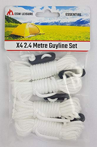 ESW LEISURE Guyline Ropes 4 Pack Tents Awning Camping Strong Lightweight Paracord Guy Rope With Tensioner Guy Lines Fishing Umbrella Shelter Bivvy Caravan Gazebo Tarp (White, 2.4 Metre 4 Pack)