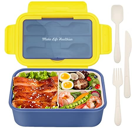 BIBURY Bento Box, 1400ml Leakproof Lunch Box for Adults and Kids, Food Container with 3 Compartments and Cutlery, Dishwasher/FDA Approved/BPA Free Meal Prep Containers Sandwich Box