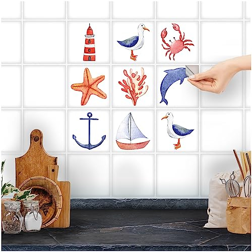 FoLIESEN - Weiße Fliesenaufkleber Nautic für Bad, Küche, Badezimmer - Fliesen-Folie selbstklebend - 9 Klebefliesen, .:10x10 cm - Weiß glänzend