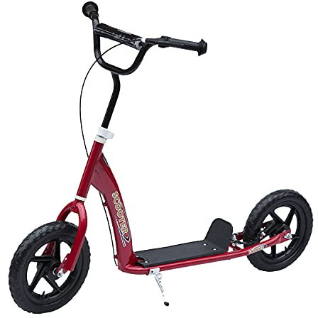 HOMCOM Trottinette Enfant patinette pneus 30 cm Hauteur Guidon réglable poignée Frein et béquille Acier pour Enfants à partir de 5 Ans Rouge