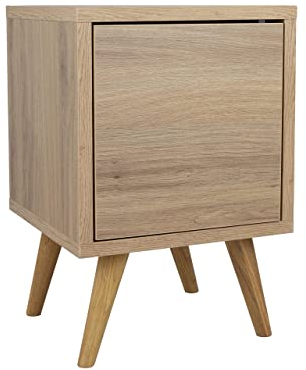 Nachtschrank Eiche mit Regal und Türen - Kleiner Couchtisch - Minimalistisch Beistelltisch Holz Seitenschrank - Nachtkästchen auf Holzbeinen