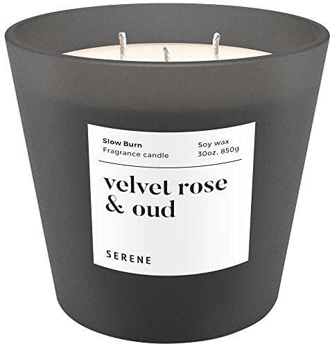 Hidden Label Large Scented Candle, Velvet Rose & Oud, 30oz 3 Wick Huge Candle, Serene Collection Slow Burn Natural Soy Candles for Home Scented
