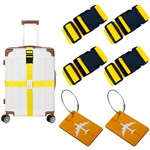 VEGCOO Koffergurte 4 Stück, 2 Stück Kofferanhänger, Gelb Verstellbares Kofferband 5 * 200 cm Gepäckgurt Koffergurt Kreuzgurt Kofferanhänger mit Adressschild(Gelb)