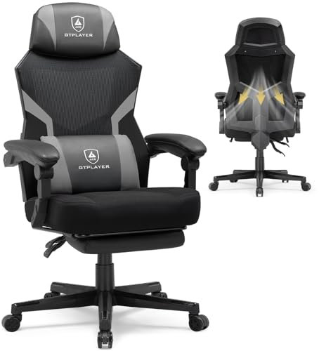 GTPLAYER Gaming Stuhl mit Fußstütze, ergonomischer Bürostuhl mit Netzrückenlehne, Schreibtischstuhl Gaming Sessel aus Stoff für Zuhause und Büro (grau)