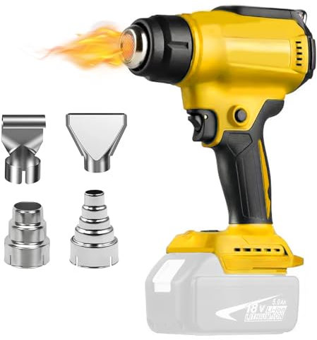 Cordless Heat Gun, 1200W Hot Air Gun with 2 Temperature Setting 300°C/550°C and 4 Nozzles, Compatible with DeWalt 18V Battery, for Paint Stripping DIY Work(Body Only, Not Include Battery and Charger)